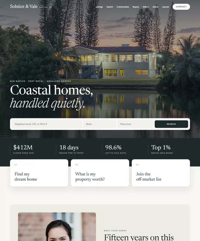 Solstice & Vale home page: hero, MLS search, market stats and agent intro